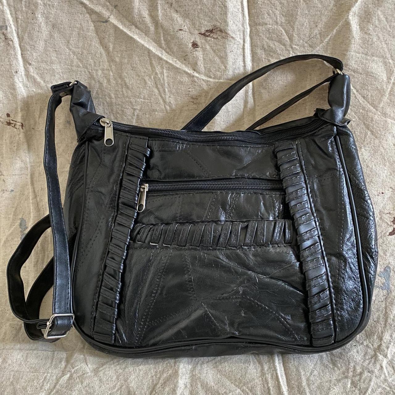 Vintage Black Patchwork Leather Multi-Pocket Crossbody Shoulder Bag