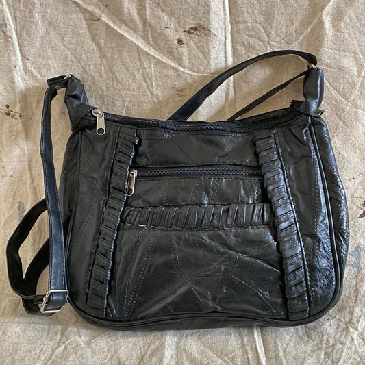 Vintage Black Patchwork Leather Multi-Pocket Crossbody Shoulder Bag