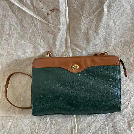 Vintage Bally Deep Forest Green Ostrich-Embossed Crossbody Bag