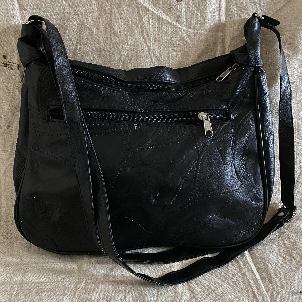 Vintage Black Patchwork Leather Multi-Pocket Crossbody Shoulder Bag